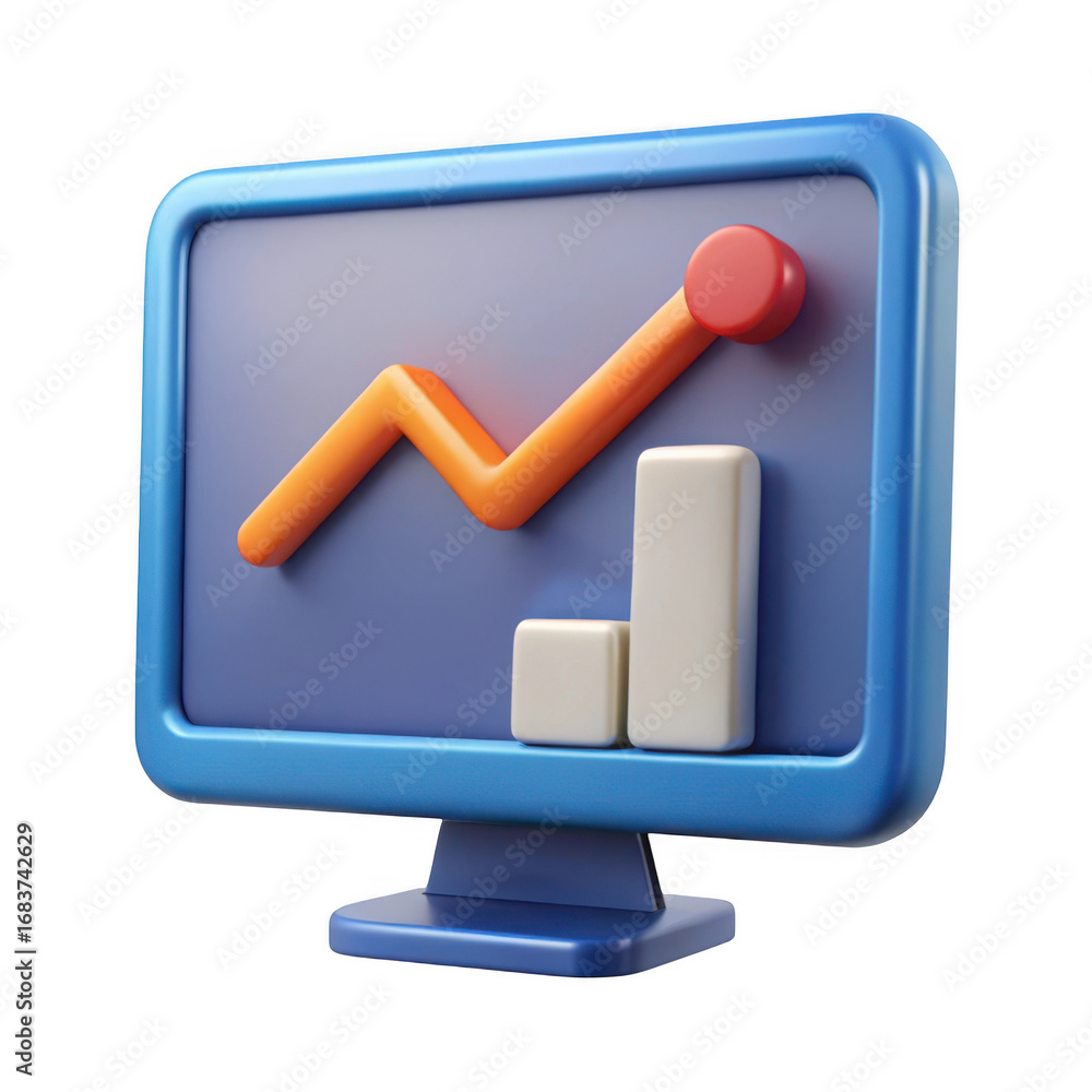 Poster 3d digital monitor displaying upward trend financial graph and bar charts transparent background