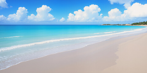 A sandy beach during the day with waves and a sky and clouds in the background. AI generated.