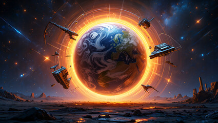 Futuristic spacecraft orbit a fiery, glowing earth in a desolate alien landscape under a starry sky
