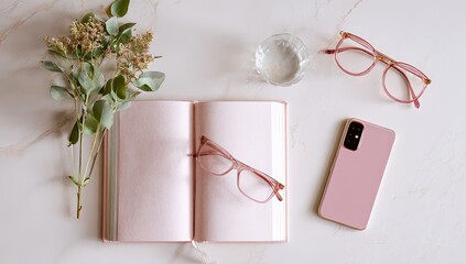 Pastel pink stationery and accessories on a marble surface.  Floral sprigs, eyeglasses, a notebook, and phone