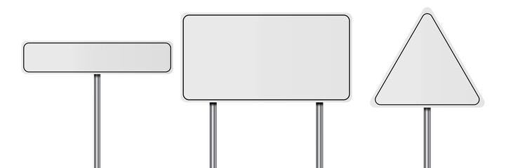 Road traffic signs of different shapes on metal poles vector illustration set. 3d realistic white blank street signboards. Isolated empty roadside signposts to notice information, danger, guide.