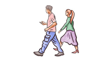 Illustration of a man and woman walking with a mobile phone.