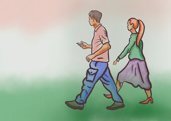 Illustration of a man and woman walking with a mobile phone.