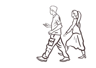 Illustration of a man and woman walking with a mobile phone.