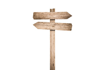 Blank wooden direction sign isolated graphic illustrated. Vintage cut timber signboard on wooden pole for information or advertising message.