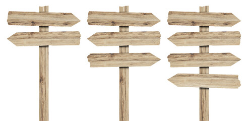 wooden arrow sign post or road signpost isolated