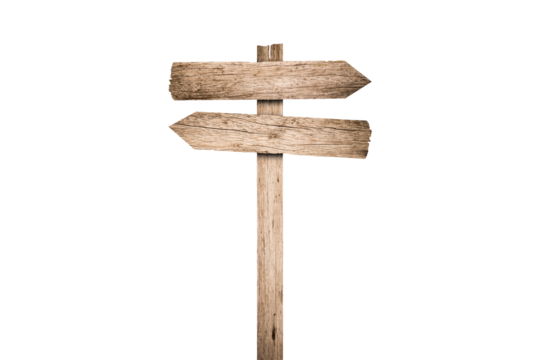 Blank wooden direction sign isolated graphic illustrated. Vintage cut timber signboard on wooden pole for information or advertising message.