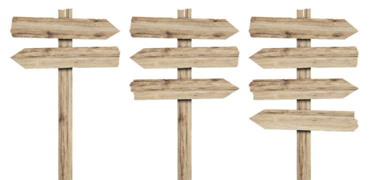 wooden arrow sign post or road signpost isolated