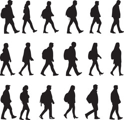 Silhouettes of people walking with backpacks in different directions