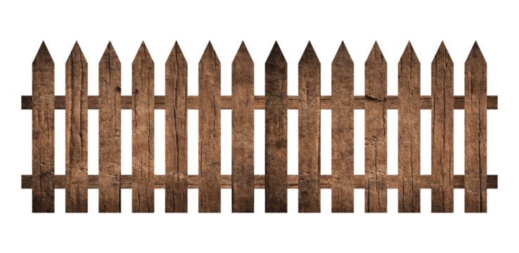Brown wooden fence isolated on a white background that separates the objects. There are clipping paths for the designs and decoration