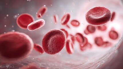Fototapeta premium Red blood cells flowing through a blood vessel, showcasing intricate details and textures, illustrating the vital role of circulation in the human body and health