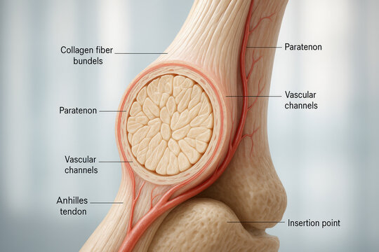 Achilles Tendon Anatomy: Illustration showing tendon structure and blood supply.