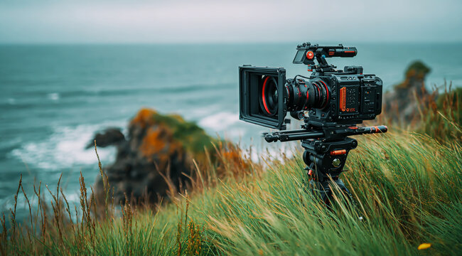 A professional cinema camera sits atop the rocky coast in Normandy, France, with an ocean view in the background. - Powered by Adobe