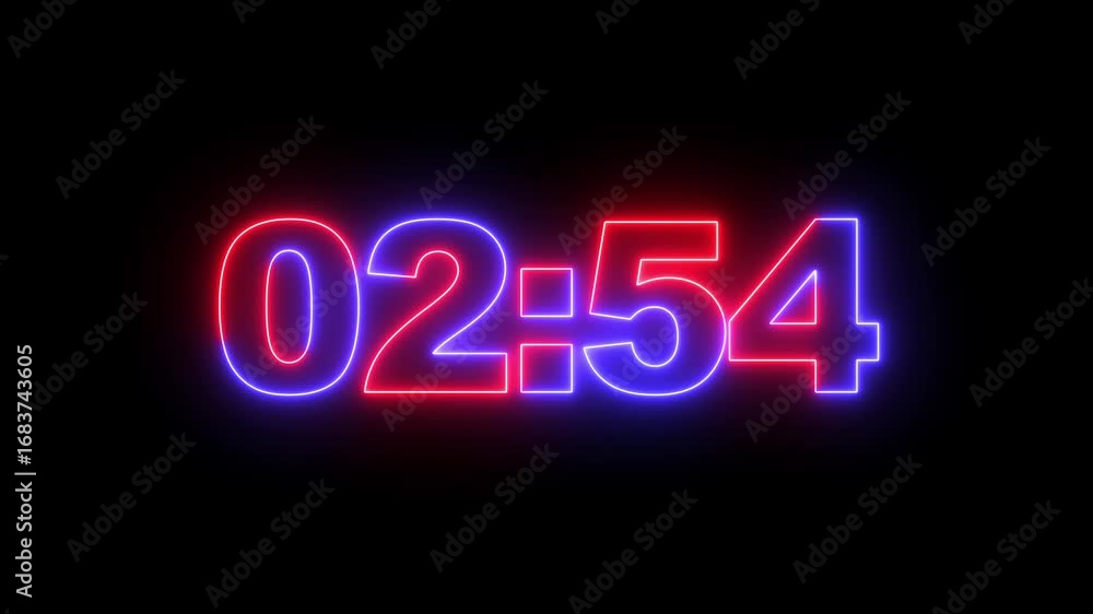Poster glowing neon 3 minutes countdown with black background.3 minute digital negative countdown. seconds 