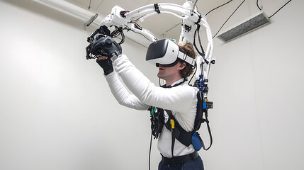Person Engaged in Virtual Reality Simulation with Advanced Equipment