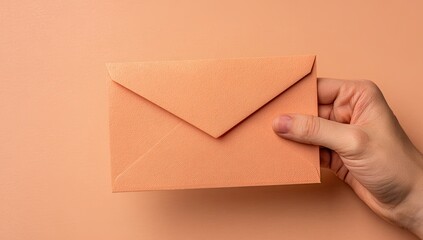 A hand holds a peach-colored envelope against a peach background