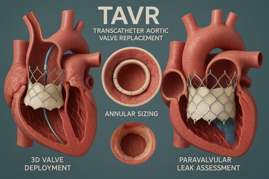TAVR - Transcatheter Aortic Valve Replacement process illustrated in detail. Illustration of the aortic valve replacement process.