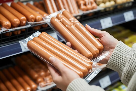 A shopper carefully selects plump uncooked hot dogs from a supermarket shelf examining the packaging for freshness and quality