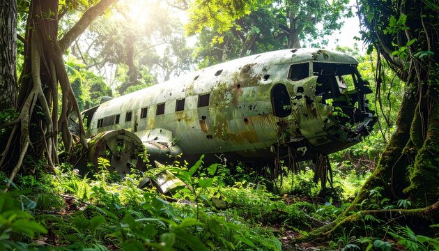 avi&oacute;n abandonado y corro&iacute;do por el paso del tiempo, cubierto de &oacute;xido y con partes de su fuselaje deterioradas. La aeronave est&aacute; medio oculta entre la maleza, rodeada de un denso bosque con &aacute;rboles 