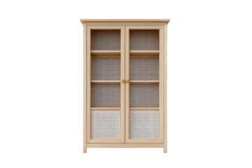 Light wood cabinet with glass doors and woven basket storage isolated on transparent background