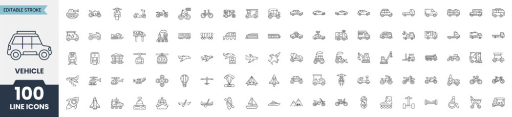 Vehicle icon set. Containing car, plane, bike, boat, truck, train, forklift, bicycle, motorbike, bus, rocket, flight, scooter, tractor and more. Editable stroke. Vector illustration