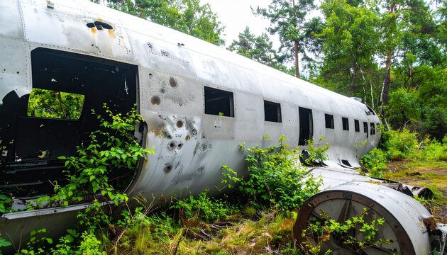 avi&oacute;n abandonado y corro&iacute;do por el paso del tiempo, cubierto de &oacute;xido y con partes de su fuselaje deterioradas. La aeronave est&aacute; medio oculta entre la maleza, rodeada de un denso bosque con &aacute;rboles 