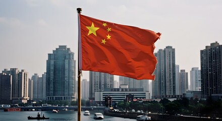 A vibrant depiction of a Chinese flag waving proudly against the backdrop of a city skyline. The flag's colors of red and gold stand out against the urban landscape.