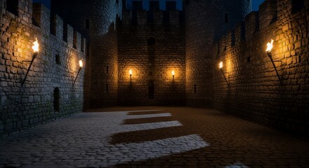 Fototapeta premium Medieval Castle Courtyard Illuminated by Torches at Night