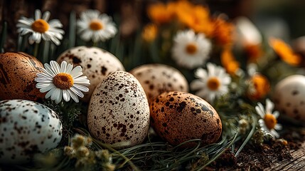 Obraz premium Colorful speckled eggs with spring flowers high resolution picture