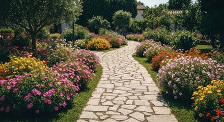 Obraz premium Winding stone path through vibrant flower garden