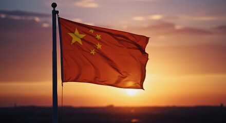 A majestic Chinese flag waving proudly against a vibrant sunset, embodying national pride and heritage. The flag's red color glows under the sunlight, a symbol of the nation's spirit