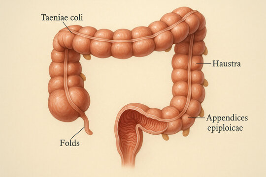 Human Colon Anatomy Illustration with Taeniae Coli, Haustra, Appendices Epiploicae, and Folds [Illustration]