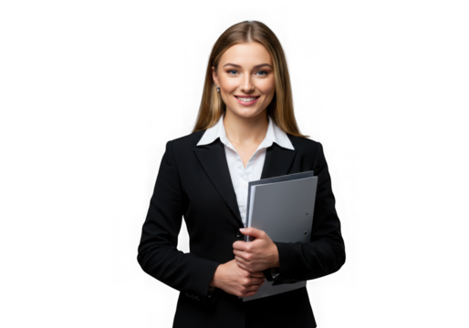 Smiling professional businesswoman in black suit isolated on transparent background