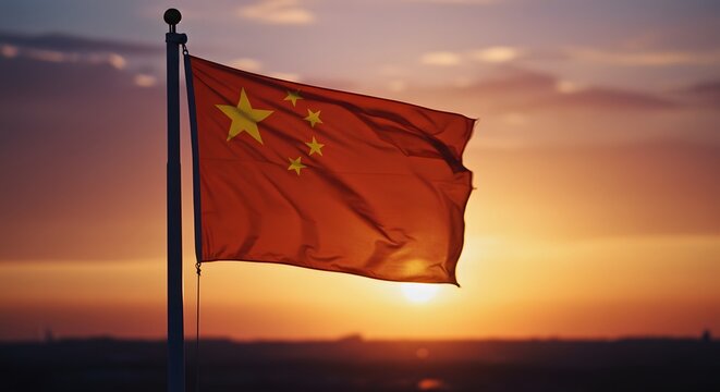 A majestic Chinese flag waving proudly against a vibrant sunset, embodying national pride and heritage. The flag's red color glows under the sunlight, a symbol of the nation's spirit