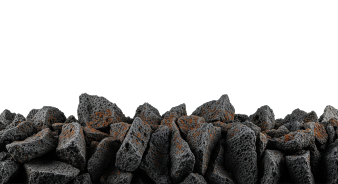 Photorealistic macro close-up of dark charcoal grey volcanic rock shards with sharp edges and rust lichens on white background with copy space. Concept of resilience in desolate conditions