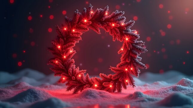 Christmas theme, Minimalist modern Christmas wreath with geometric design, neon glow background. Selective focus.