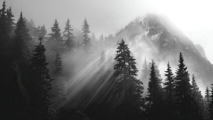Misty mountain range, sunbeams piercing dense forest