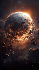 shattered planet in deep space with glowing molten core and fragments