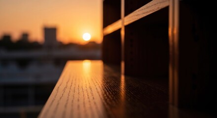 Wooden shelf at sunset, city view