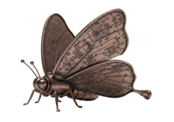 A heavy, robust, industrial-design butterfly with patinated copper wings etched with schematics, partially folded on a transparent background with sharp shadows, concept of forgotten technology