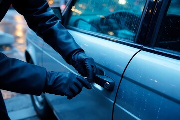 A gloved hand uses a tool to attempt to unlock a car door suggesting a nighttime car break in or theft scenario