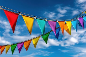 Colorful fabric pennants dance in the breeze against a bright blue sky, creating a festive atmosphere at an outdoor celebration