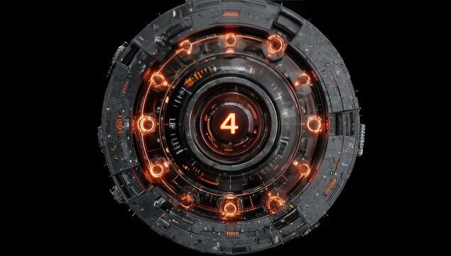 Circular, futuristic device with glowing orange accents and a prominent number 4