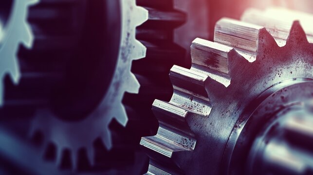 Close-up of two interlocking metal gears with sharp teeth, one in focus and the other slightly blurred,