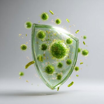 A translucent, light green shield encases numerous small, lime-green, spiky micro-organisms.  A halo of similar organisms swirls around the shield on a light gray background