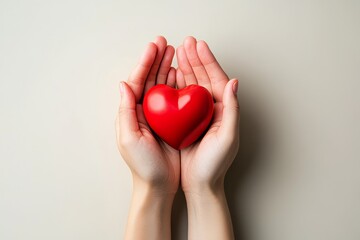 Fototapeta premium A red heart rests gently within the loving embrace of two hands against a neutral backdrop.