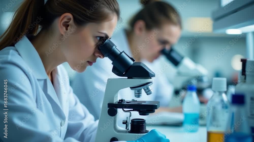 Poster scientists working together in a laboratory setting, using a microscope to examine a biological samp