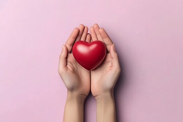 Fototapeta premium A pair of hands gently hold a vibrant red heart, showcasing a message of care and compassion on a soft, pastel background.
