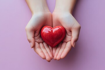 Obraz premium A polished red heart rests gently within two cupped hands against a soft lavender backdrop, evoking a sense of warmth and care.