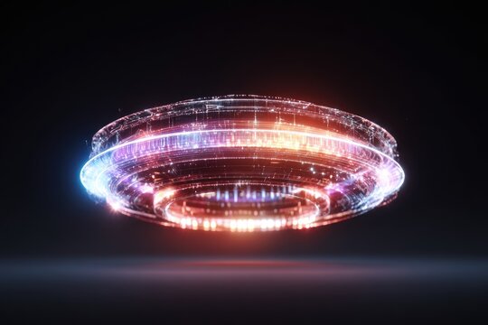 Circular, glowing, digital, energy disc floats